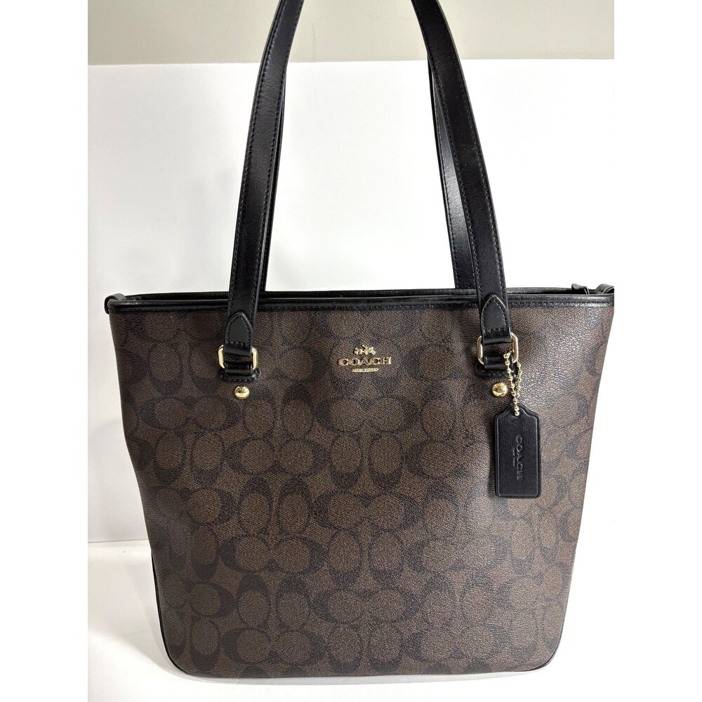 Coach Signature Women's Tote Bag Coated Canvas Leather Brown / Black